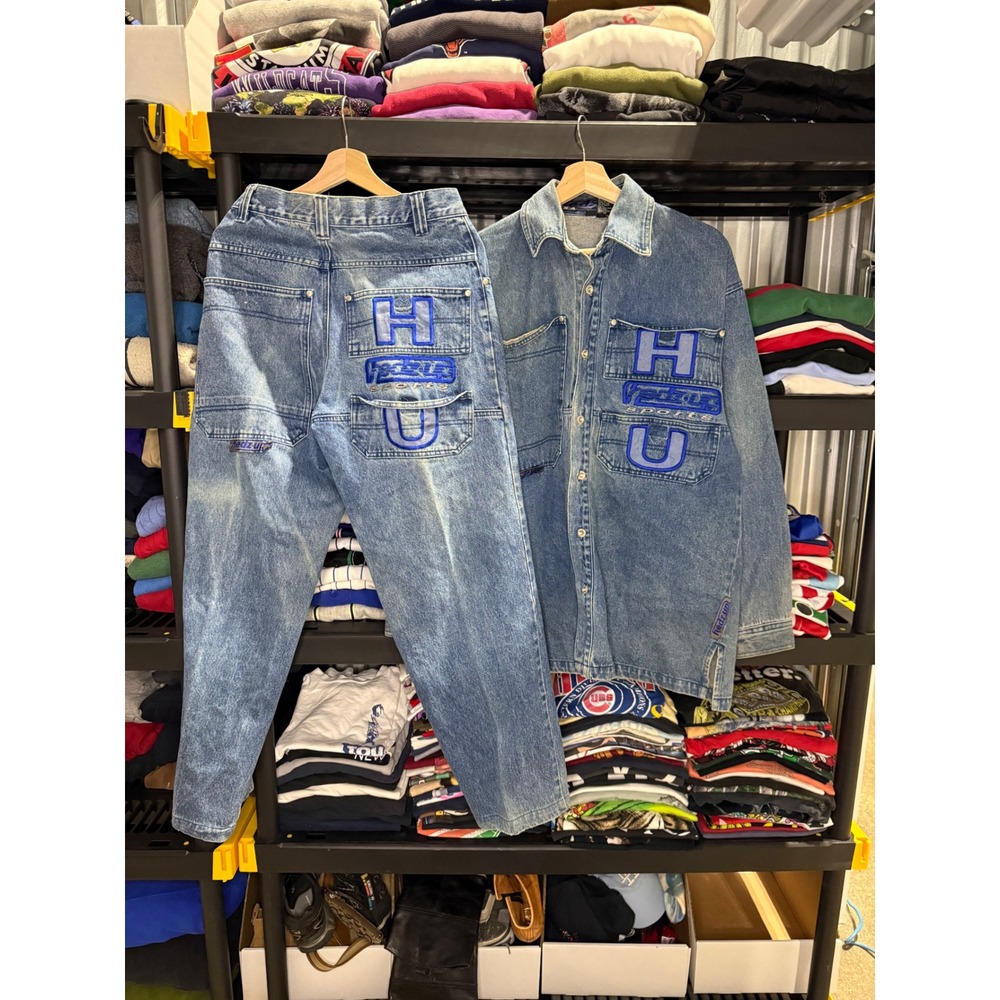 Vintage Hedz-Up Sports Denim Set Mens Blue Embroidered Baggy Jeans Shirt 90s Y2K
